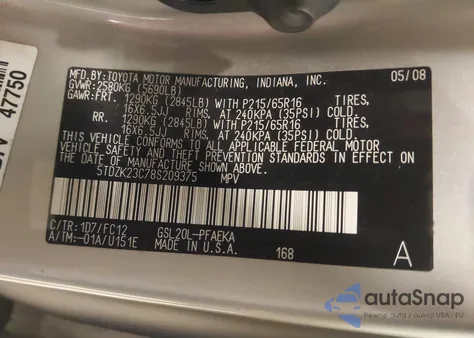 2008 Toyota Sienna Le из США, поврежденный, VIN 5TDZK23C78S209375